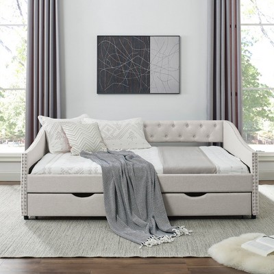 Vynxaria Full Size Daybed with Drawers Upholstered Tufted Sofa Bed, with Arms, Beige (80.5''x55.5''x27.5'')