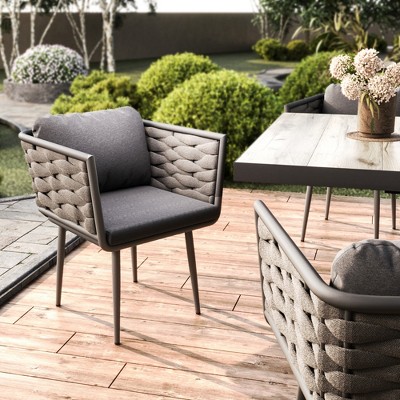 POVISON Gray Outdoor Dining Chairs Set of 2,  All-Weather Rattan Conversation Chairs with Soft Cushions for Backyard Deck