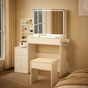 YONWAY Vanity Desk,4 drawers and upholstered stool Vanity Table Set,with power outlet and hairdryer shelving,2 AC+2 USB Power Station,for Bedroom - 1 of 4