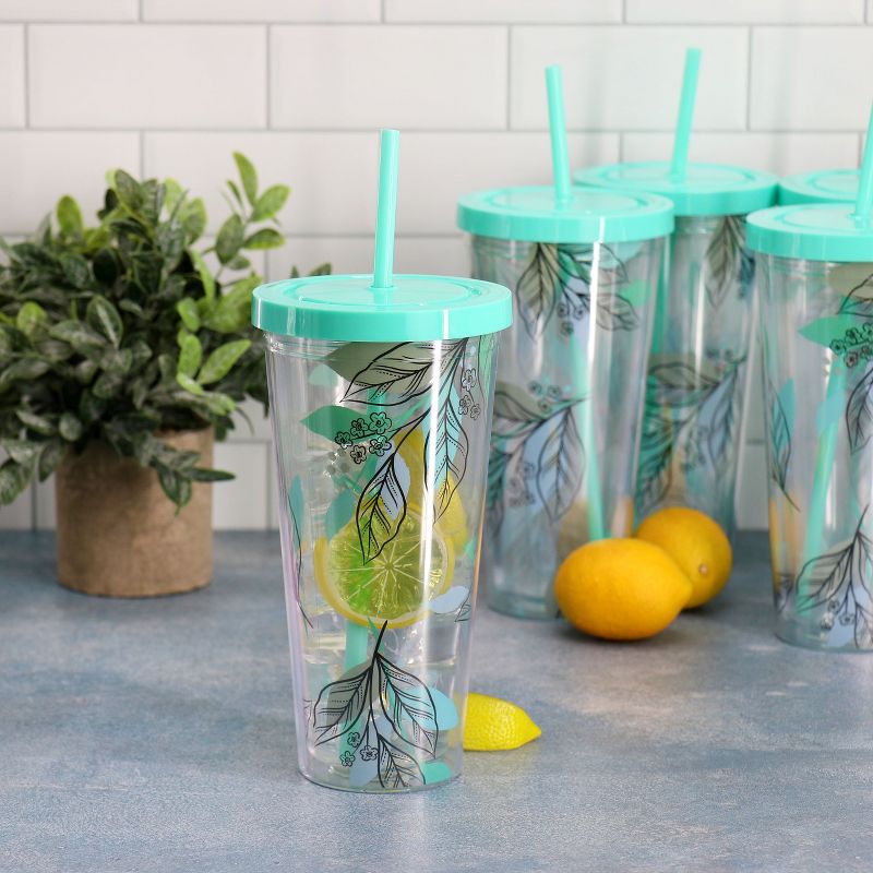 Gibson Home Tropical Sway Vineyard 6 Piece 24 Ounce Double Wall Plastic Tumbler Set with Lid & Straw in Teal, 2 of 6