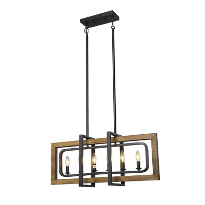 LNC Laius 6-Lights 31.5" Modern Farmhouse Rectangle Wood Kitchen Island Pendant  Lights, Matte Black and Distressed Brown Wood