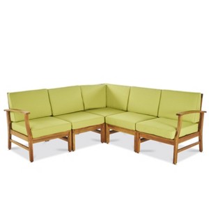 GDFStudio Abena Outdoor Acacia Wood 5 Seater Sectional Sofa Set with Cushions - 1 of 4