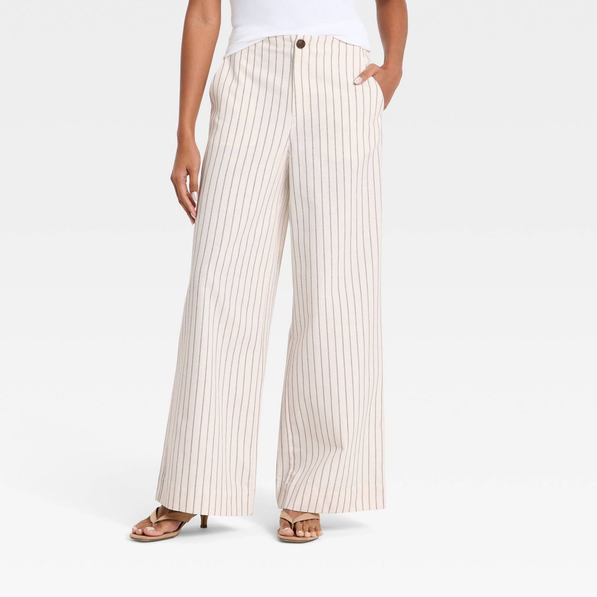Women's Faux Linen Trousers - A New Day Beige Striped