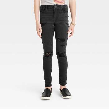 Kids Girls Skinny Jeans Jet Black Denim Ripped Fashion Stretch Pants  Jeggings