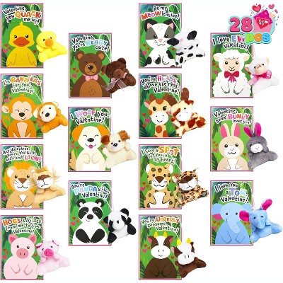 Joyfy 28 Pcs Valentines Day Gifts Cards with Animal Plush Toy KeyChain for Kids, Fidget Toy for Valentine's Party Favor and Classroom Exchange Gifts