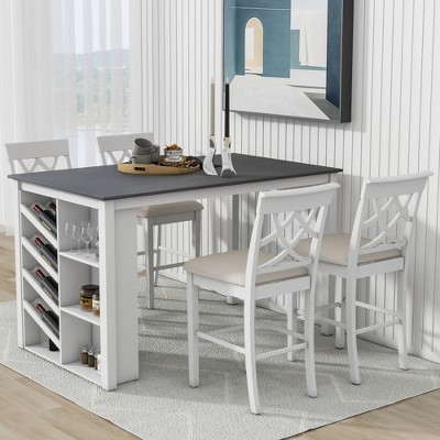 Whisen 5-piece Solid Wood Dining Table Set with Curved Wine Rack and 4 Upholstered Chairs