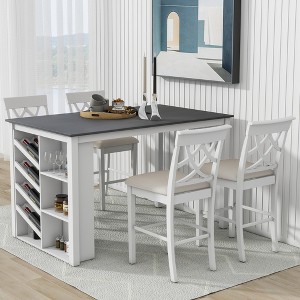 Whisen 5-piece Solid Wood Dining Table Set with Curved Wine Rack and 4 Upholstered Chairs - 1 of 4