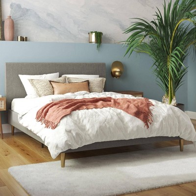 Daphne Dark Gray Linen Queen Upholstered Platform Bed with Brass Legs
