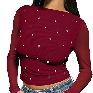 Women's Rhinestone Embellished Mesh Crop Top Boat Neck Long Sleeve