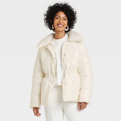 Women's Medium Length Wet Look Puffer Jacket - A New Day™ Cream XS