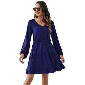 Long Sleeve Dress for Women Casual V Neck High Waist Tiered Ruffle Aline  Swing Tunic Short Mini Dresses,Navy blue,L : Target