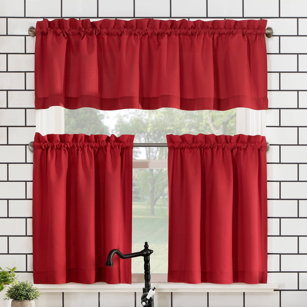 Set of 3 (24"x27") Martine Microfiber Semi-Sheer Rod Pocket Kitchen Curtain Valance and Tiers Set Red - No. 918