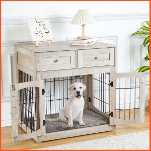 Dog Crate Furniture with Drawers,39.4'' Wooden Dog Kennel Indoor with Cushion, Crate End Table Up to 70 Lbs - 1 of 4
