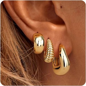Florideco 3-Pair Small Hoop Earrings | 14K Gold Plated Twisted Huggies, Open Chunky Stack - 1 of 4