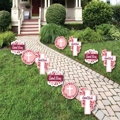 Big Dot of Happiness Pink Elegant Cross - Lawn Decorations - Outdoor Girl Religious Party Yard Decorations - 10 Piece