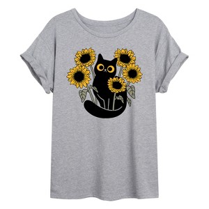 Women's - Instant Message - Black Cat in Sunflowers Oversized Graphic T-Shirt - 1 of 4