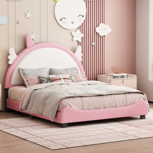 Upholstered Platform Bed With Unicorn Shape Headboard, White+Pink-ModernLuxe - 1 of 4