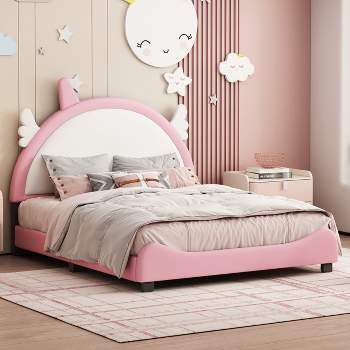 Upholstered Platform Bed With Unicorn Shape Headboard, White+Pink-ModernLuxe