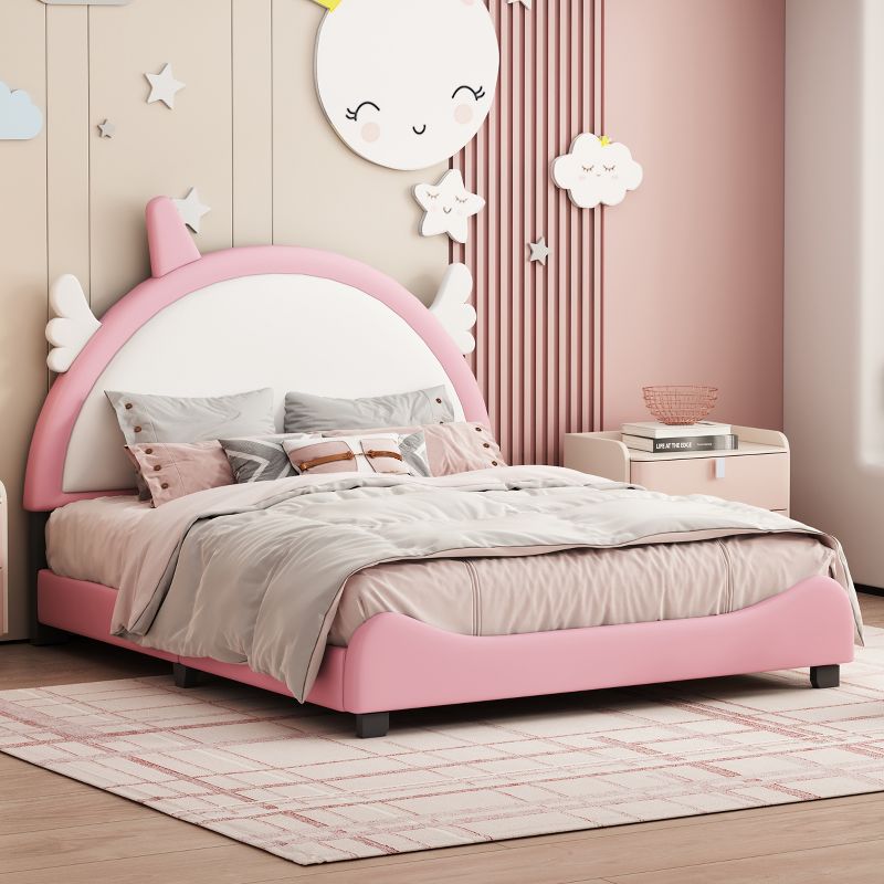 Upholstered Platform Bed With Unicorn Shape Headboard, White+Pink-ModernLuxe, 1 of 9