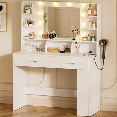 COMHOMA Vanity Desk with Mirror and LED Lights, Hairdryer Holder, 5 Drawers, Bedroom Dresser Table for Girls