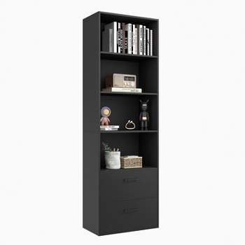 Tangkula 74” Tall Bookcase 4-tier Open Bookshelf with 2 Slide-out Drawers Modern Display Shelf with Anti-toppling Device Multipurpose Wooden Storage Organizer White/Black