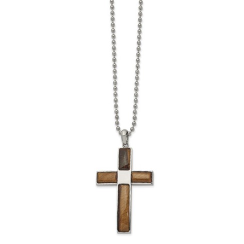 Black Bow Jewelry Men's Stainless Steel & Tiger's Eye Large Cross Necklace, 22 Inch - image 1 of 4