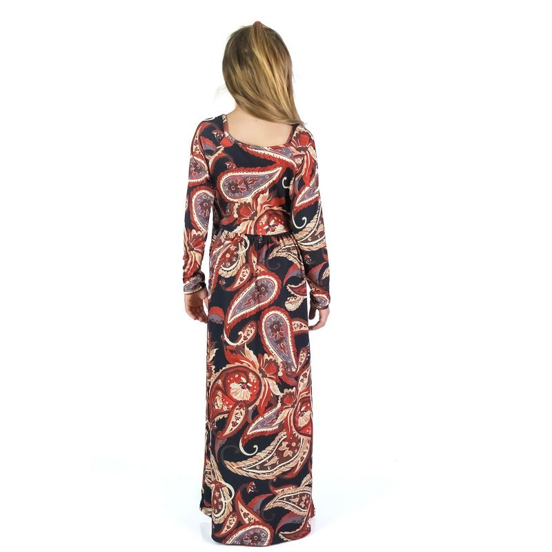 24seven Comfort Apparel Girls Black and Red Paisley Long Sleeve Pleated Maxi Dress, 3 of 5