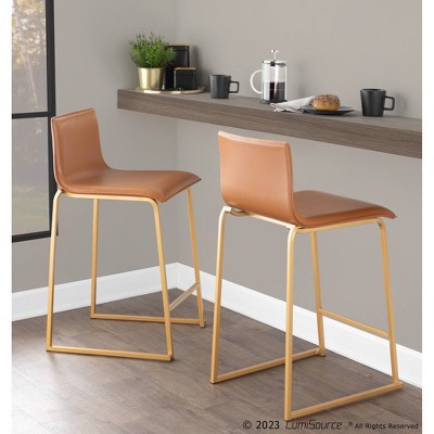 Set of 2 Gold Metal and Camel Faux Leather Counter Stools