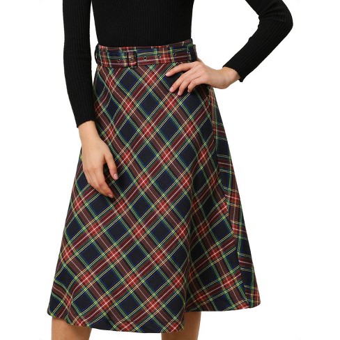 Allegra K Women's Tartan Plaid High Waist Belted Vintage A-Line Midi Skirt  Dark Blue X-Small