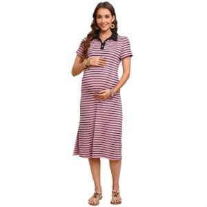 Clearlove Women's Short Sleeve Button Down Striped Maternity Dress Split Hem Nursing Friendly Pregnancy Dress - 1 of 4