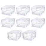 Sterilite 27 Quart White Frame Clear Plastic Stackable Storage Container Bin w/ Single Drawer for Craft, Pantry, Sink, & Desktop Organization, 8 Pack