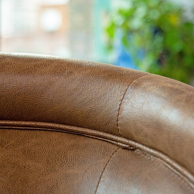 Walnut Faux Leather Swivel Barrel Chair with Metal Base