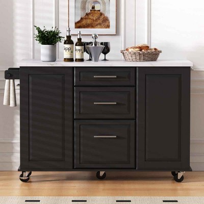 Kitchen Island with Drop Leaf and Tilt-Out Trash Cabinet, Rolling Cart with Door and Towel Bar, MDF Frame Kitchen Island-Coolbibila