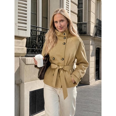 Женские куртки Imily Bela Women's Stand Collar Double Breasted Short Trench Coat, Long Sleeve Epaulets Belted Waist Casual Outerwear Jacket Khaki M