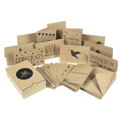 36-Pack All Occasion Cards Box Set, Kraft Paper, Includes Birthday, Congrats, Sympathy, Thank You, Blank Inside, Envelopes Included, 4 x 6 inches