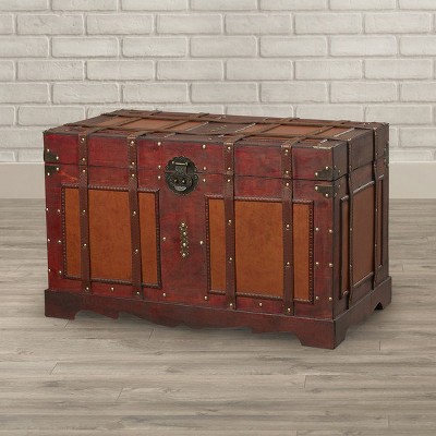 Large Antique Style Wooden Steamer Trunk with Distressed Finish