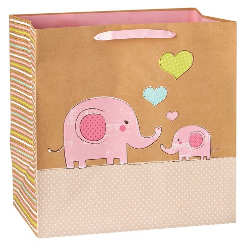 Gift Bag Baby Girl Elephants On Kraft - Spritz™ : Target