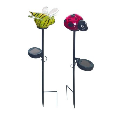 Transpac Glass Solar Ladybug and Bumblebee Yard Stake Set of 2 Colorful Decorative Garden Stakes for Spring Outdoor Use