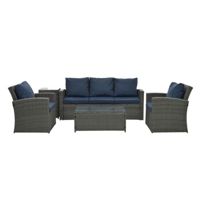Maggift 5PCS Patio Seating Rattan Furniture Set Sectional Sofa Cushioned Garden, Tempered Glass Table, Blue, 67.5"*24.2"*29.7"