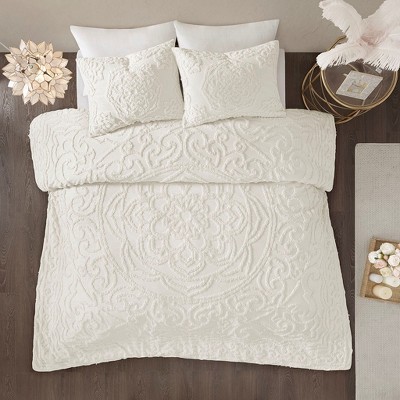 Vynxaria Tufted Cotton Chenille Medallion Comforter Set - Grey King/Cal King, Shabby Chic Style