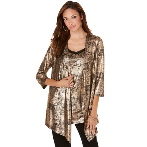 Roaman's Women's Plus Size Metallic Cardigan And Tank Set, 34/36 - Gold ...