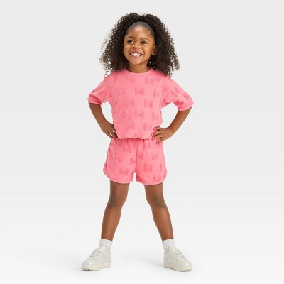 Image of Toddler Girls' Disney Minnie Mouse French Terry Embossed Top and Shorts Set - Pink 12M