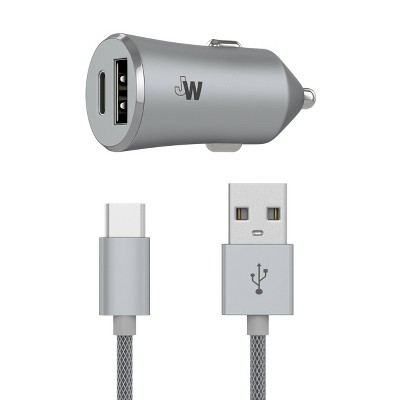 Just Wireless 3.4A/17W 2-Port USB-C & QC3.0 Car Charger with 6ft Braided Type-C to USB Cable -Slate