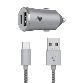Just Wireless 3.4A/17W 2-Port USB-C & QC3.0 Car Charger with 6' Braided Type-C to USB Cable -Slate