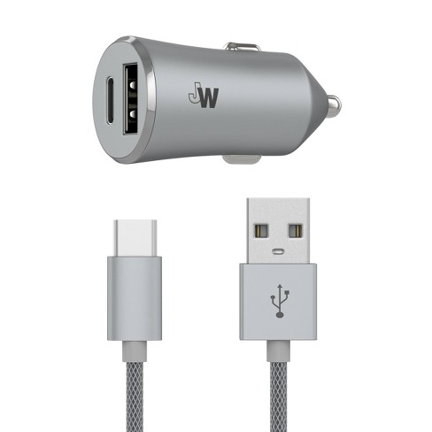 Just Wireless 3.4A/17W 2-Port USB-C & QC3.0 Car Charger with 6' Braided  Type-C to USB Cable -Slate