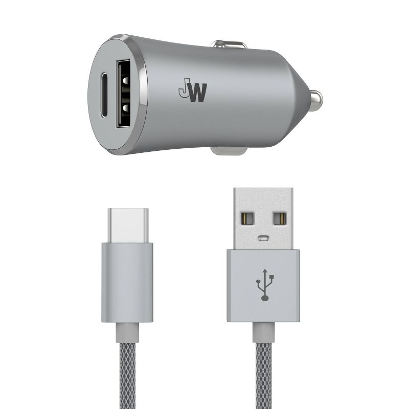 Just Wireless 3.4A/17W 2-Port USB-C &#38; QC3.0 Car Charger with 6&#39; Braided Type-C to USB Cable -Slate, 1 of 11