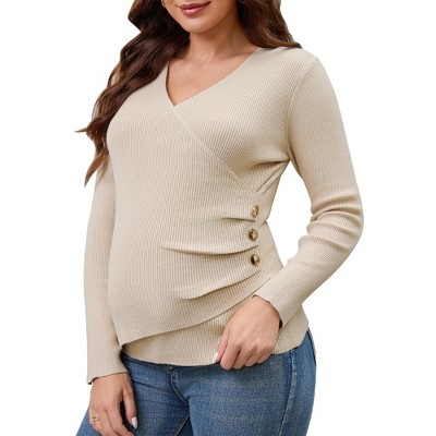 INSPIRE CHIC Women's Maternity Long Sleeve T-Shirt V-neck Stretch Wrap Tops Breastfeeding Ruched Nursing Sweater