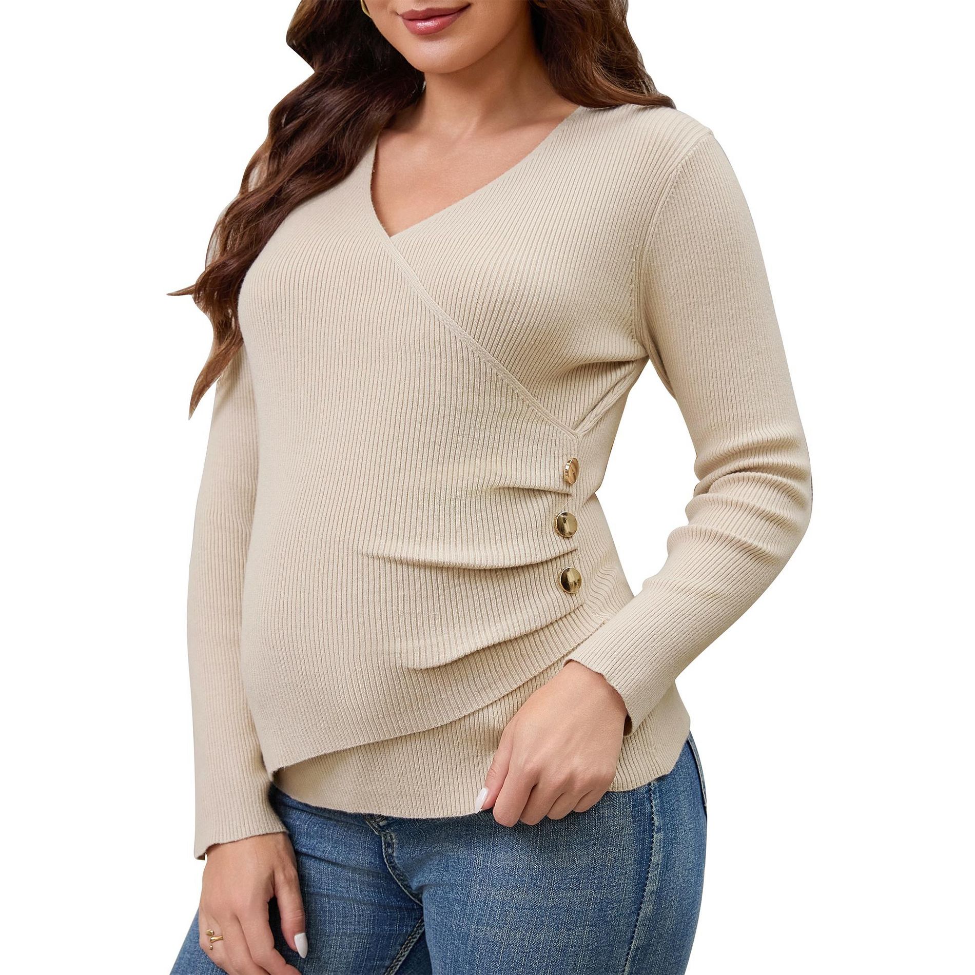 INSPIRE CHIC Womens Nursing Wrap Sweater Long Sleeve Blouse V Neck Stretch Tops Ruched Breastfeeding Maternity Shirt