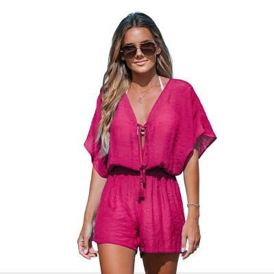 Women's Chic Lace-Up Romper with Batwing Sleeves - Cupshe