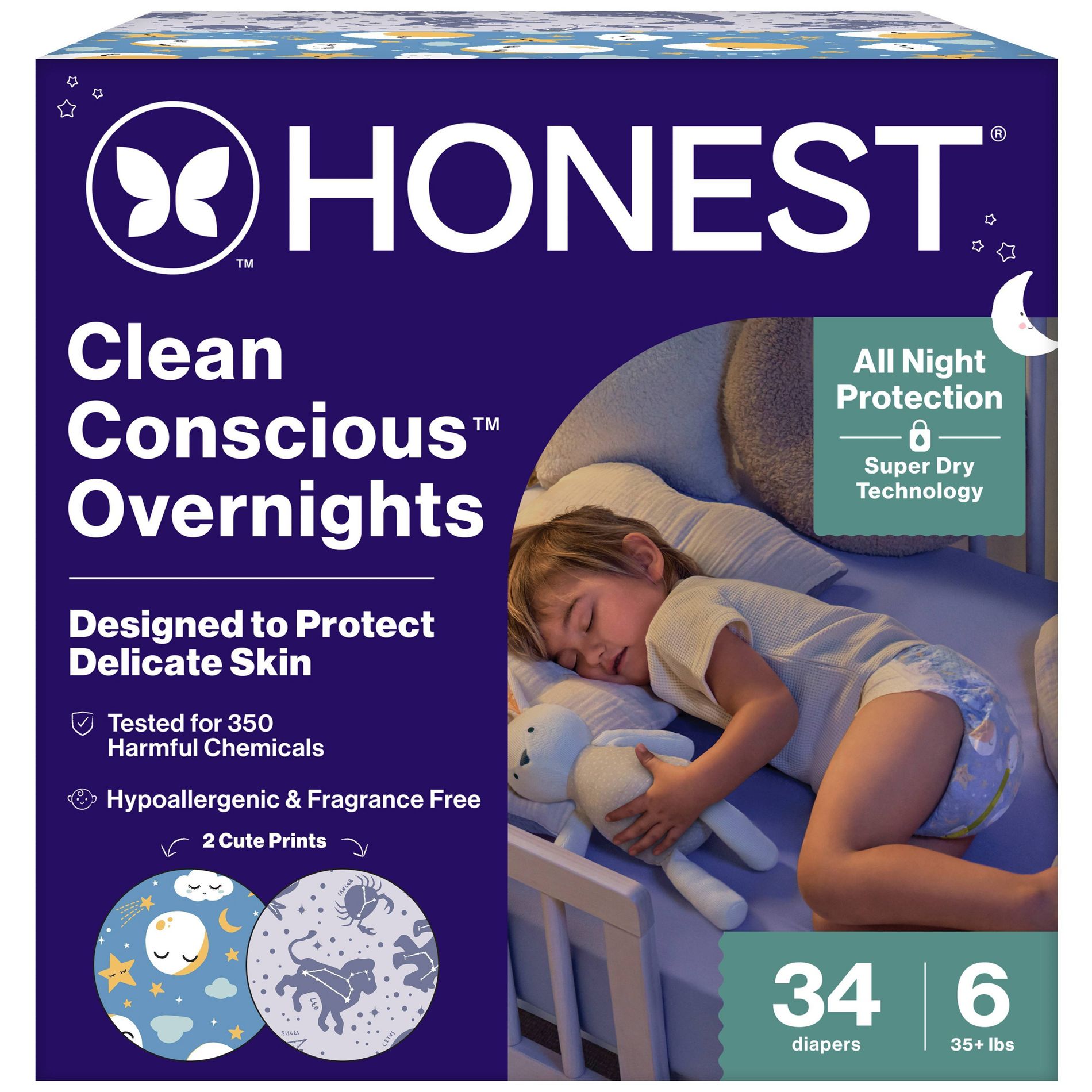 The Honest Company Clean Conscious Disposable Overnight Diapers Cozy Cloud + Star Signs - Size 6 - 34ct